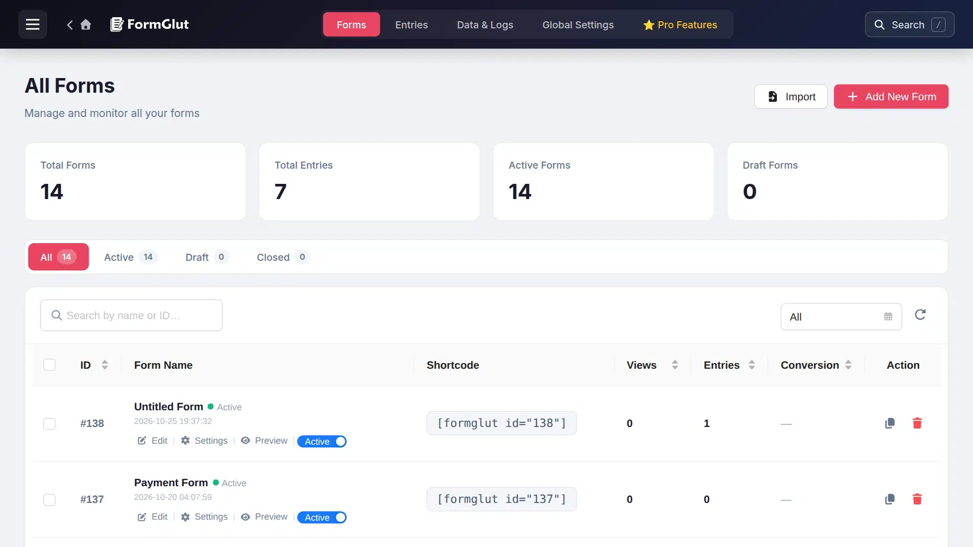 FormGlut All Forms screen with the Add New Form button