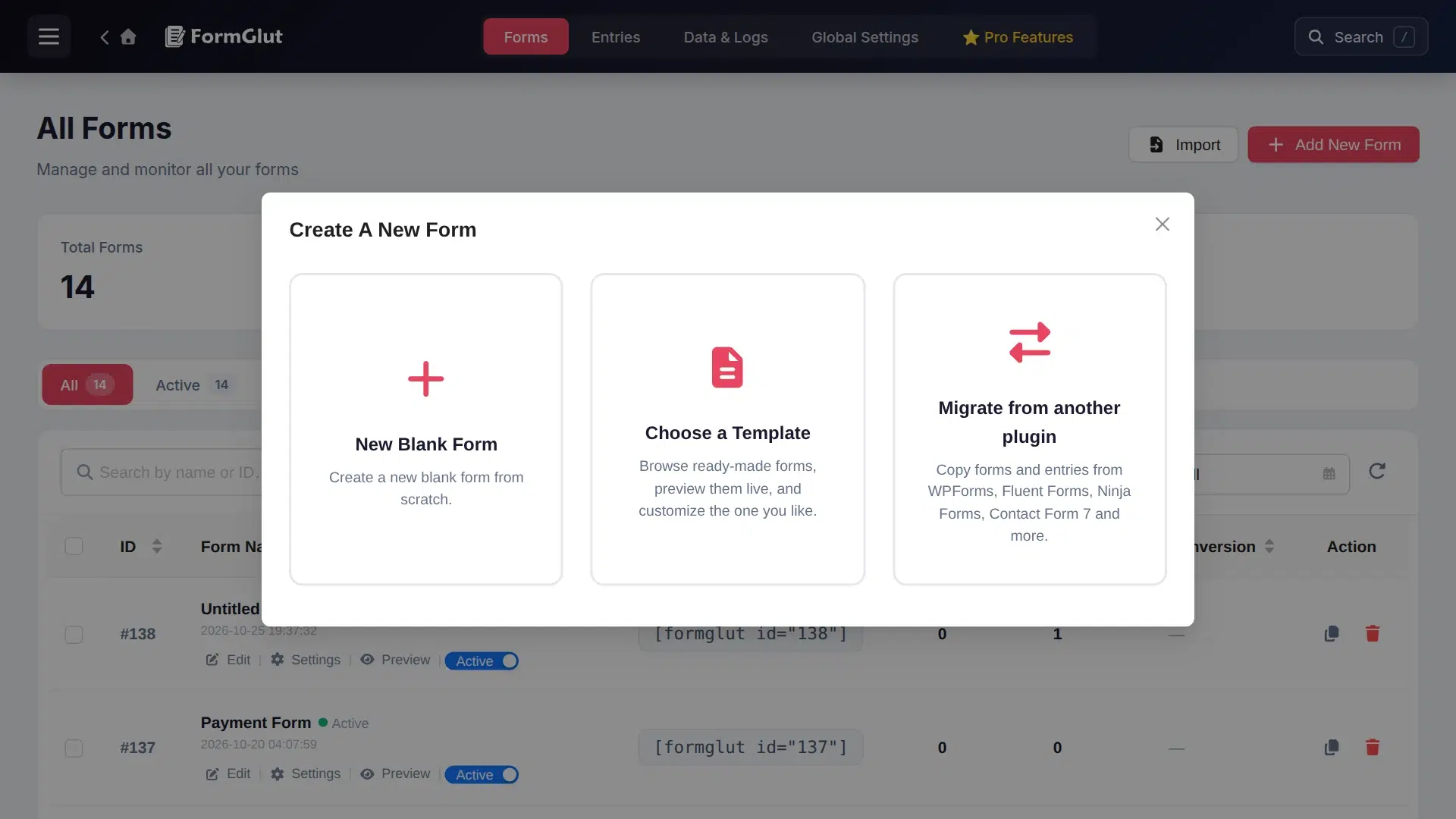 Create a new form window with blank, template and migrate options