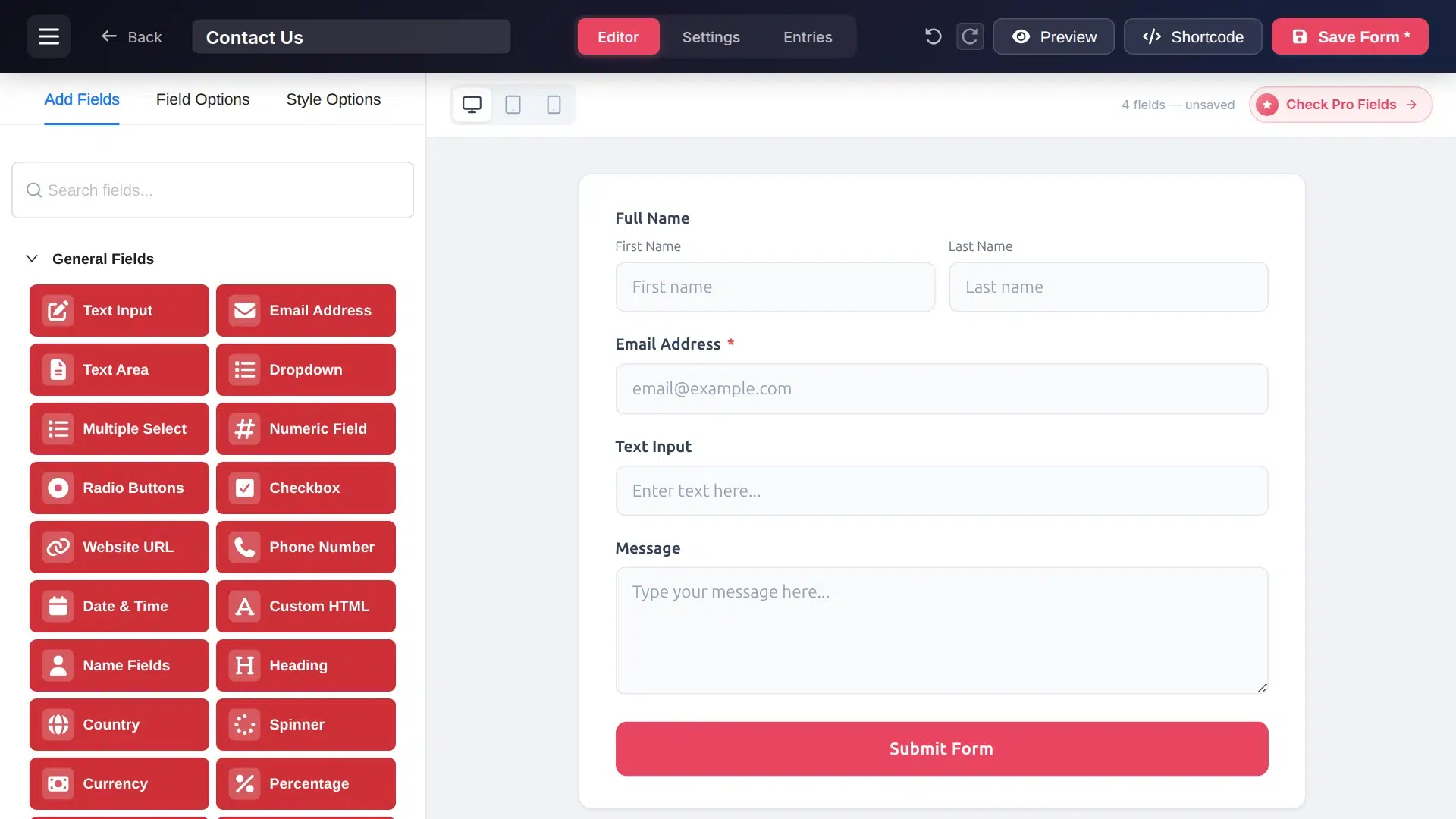 Contact form with name, email, text and message fields in the FormGlut editor