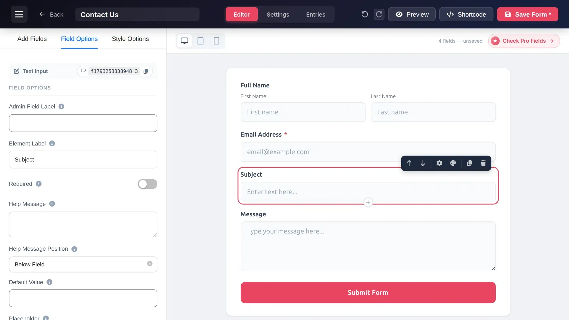 Field Options panel with the label changed to Subject