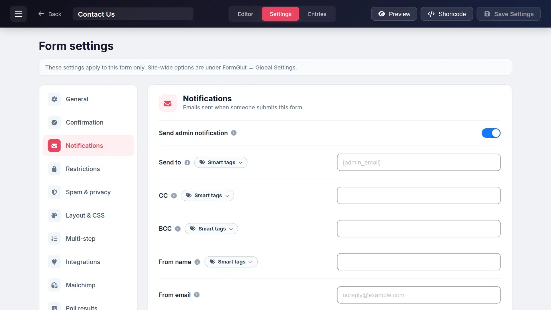 FormGlut Notifications settings with Send to, CC and BCC
