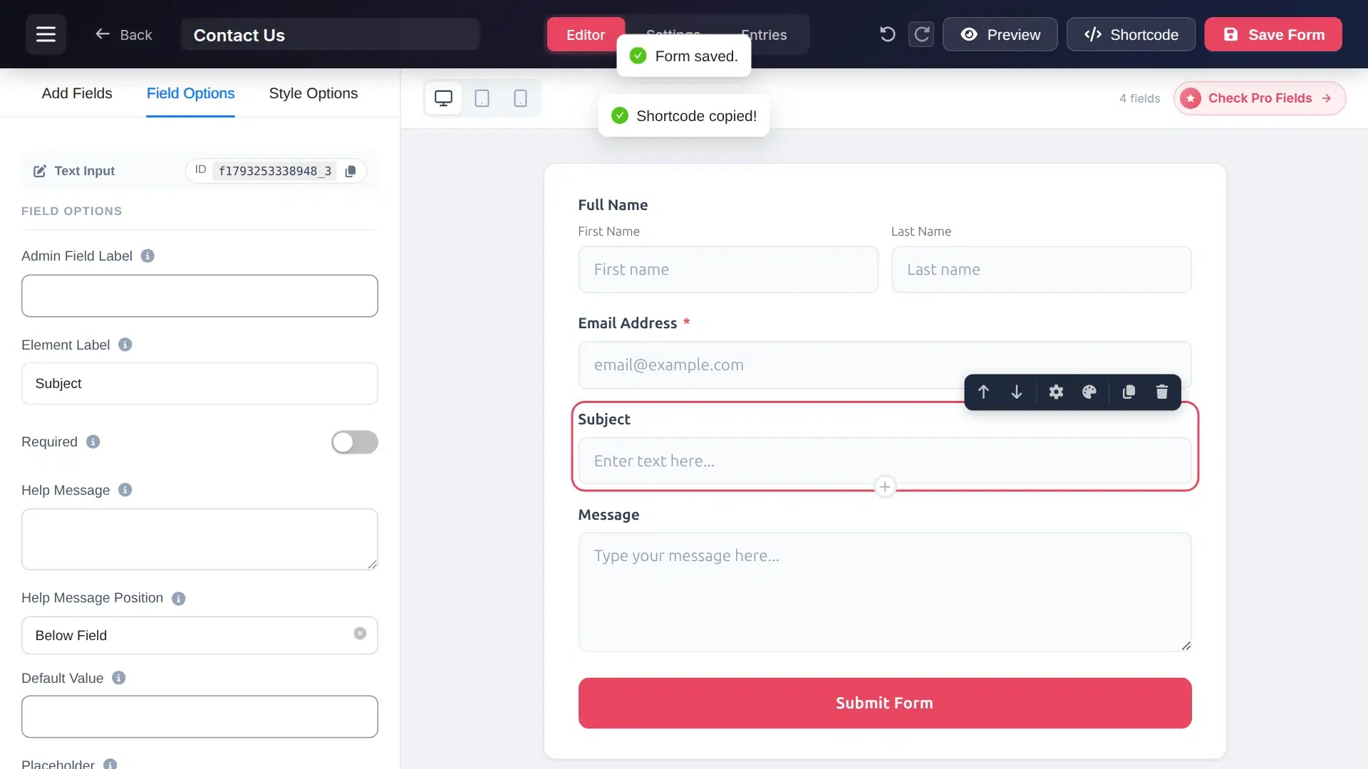 Shortcode copied message in the FormGlut editor