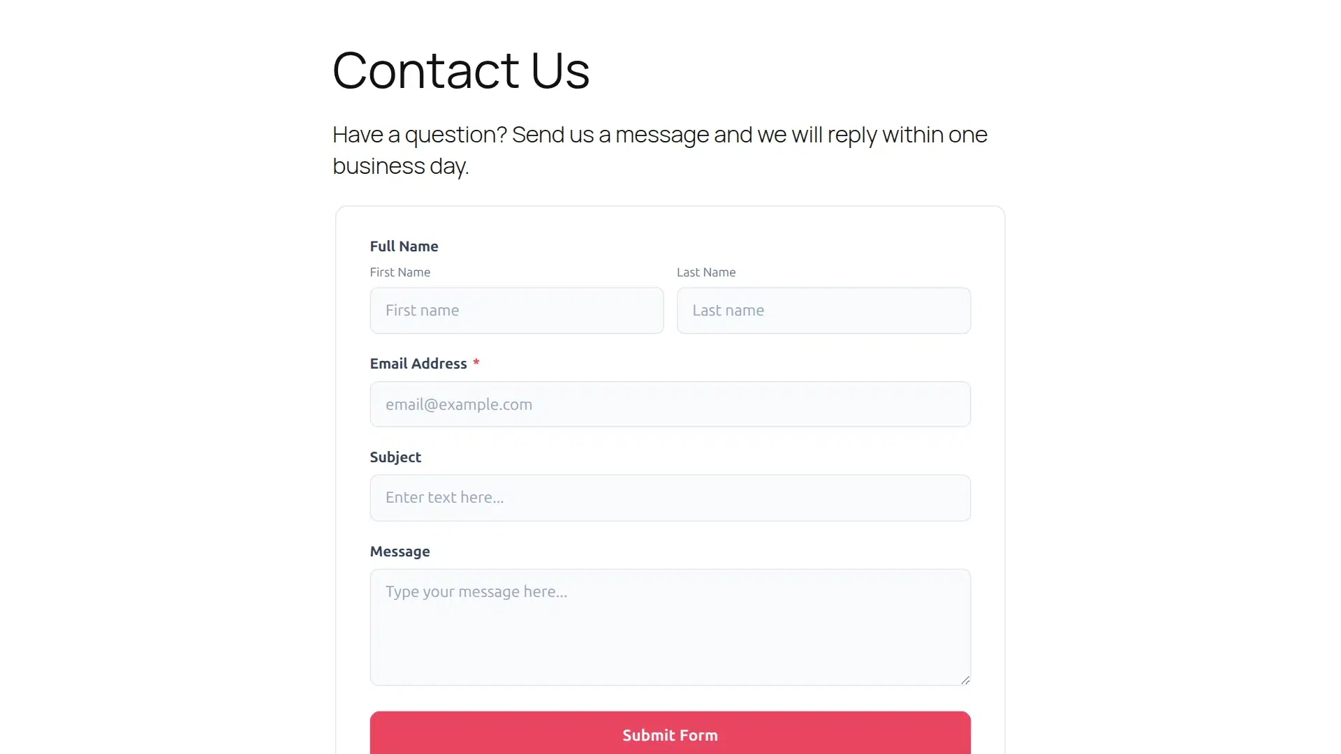 Published Contact Us page showing the FormGlut contact form