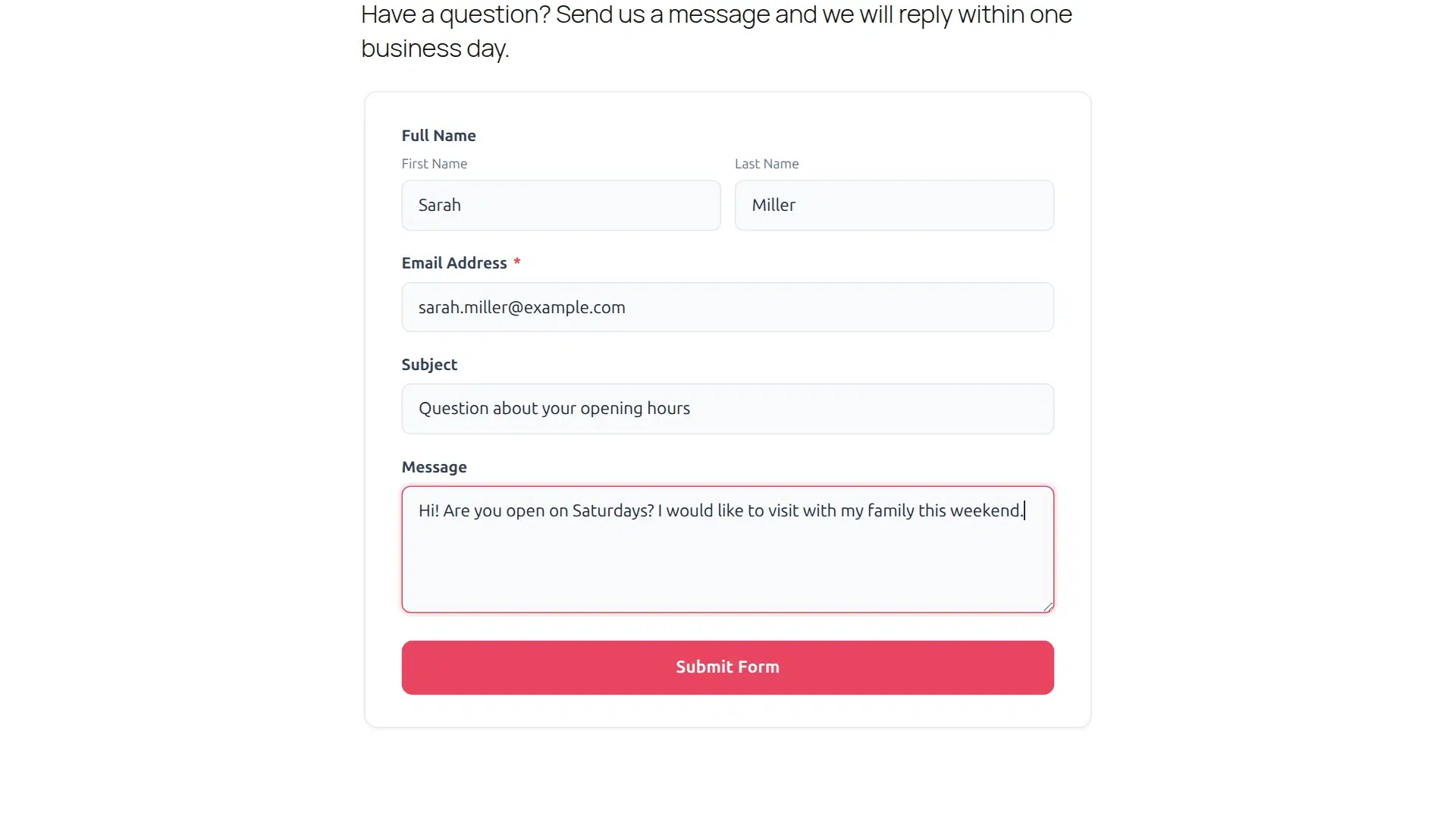 Contact form filled in by a visitor before submitting