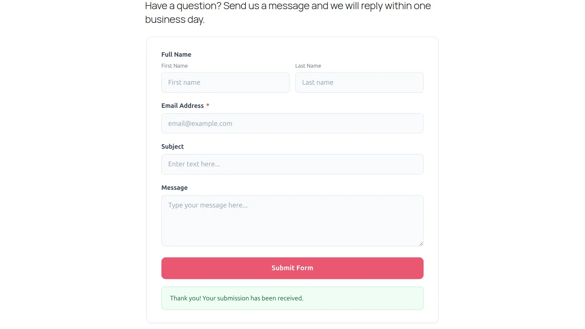 Thank you message after submitting the contact form