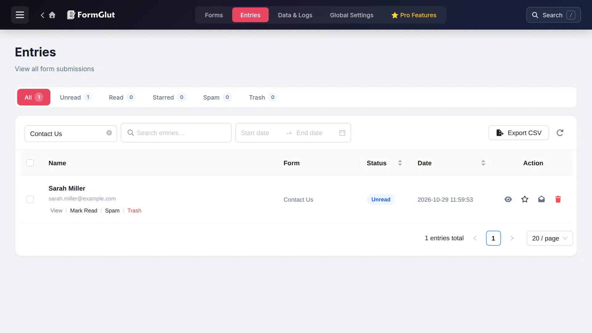 FormGlut Entries list with a new unread contact message