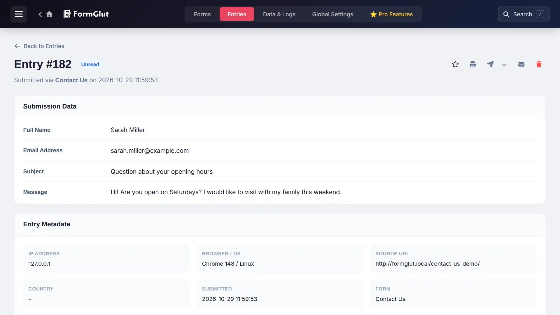 Single entry view with the visitor’s name, email, subject and message