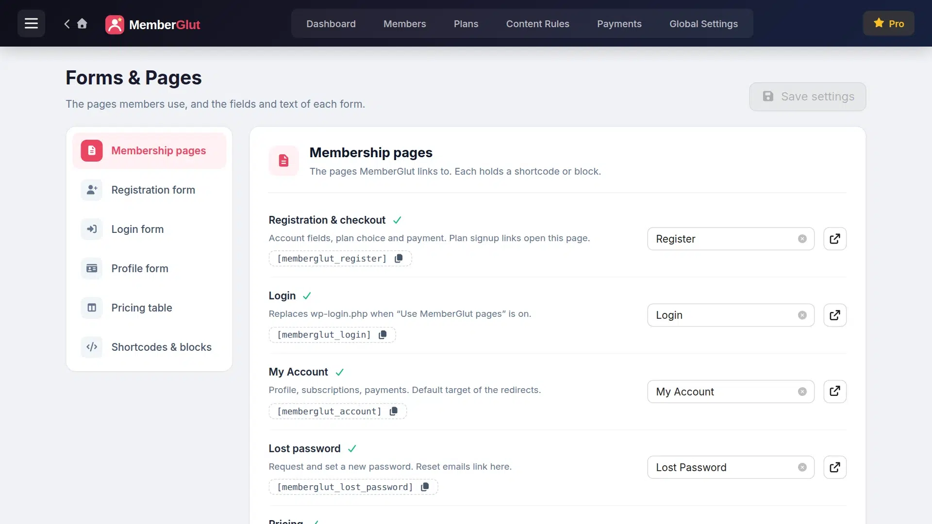 MemberGlut Forms and Pages screen listing the registration, login, account and lost password pages