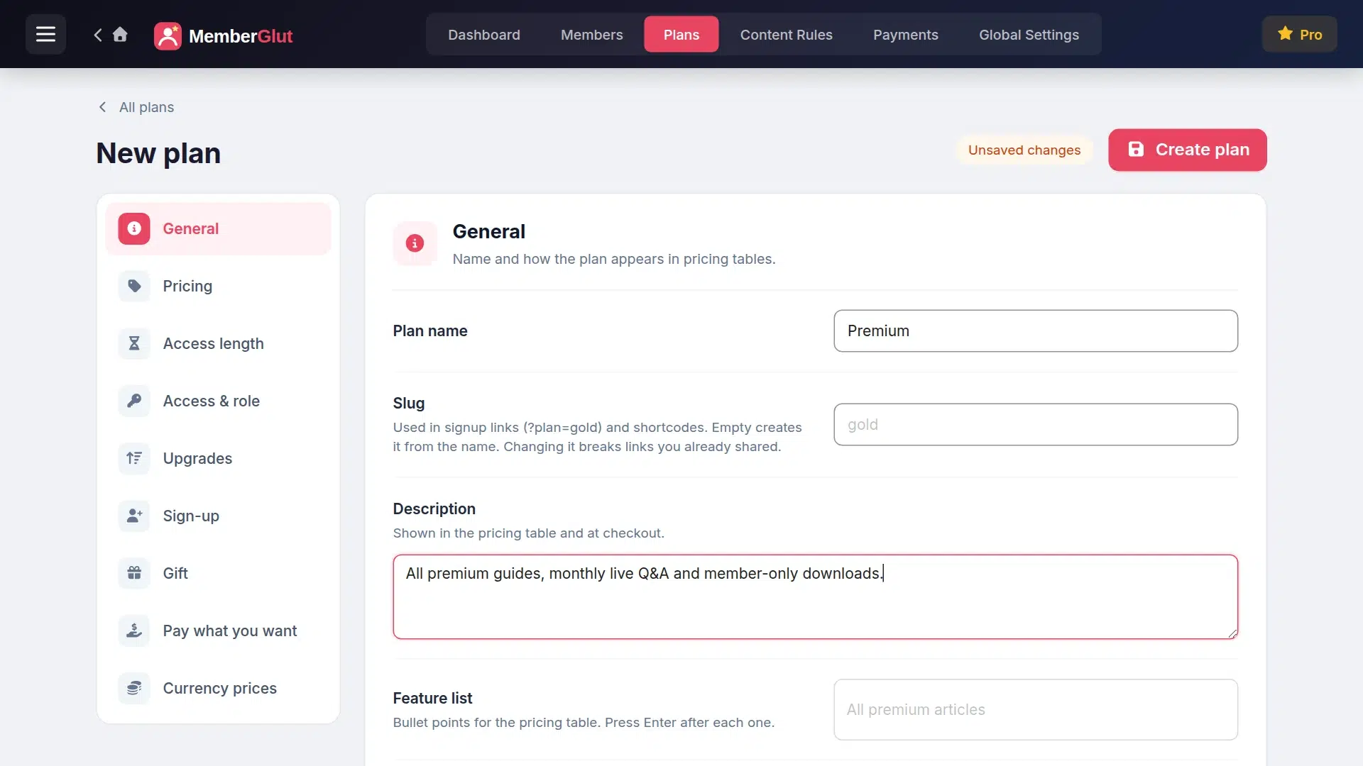 New plan General tab with the plan name Premium and a description