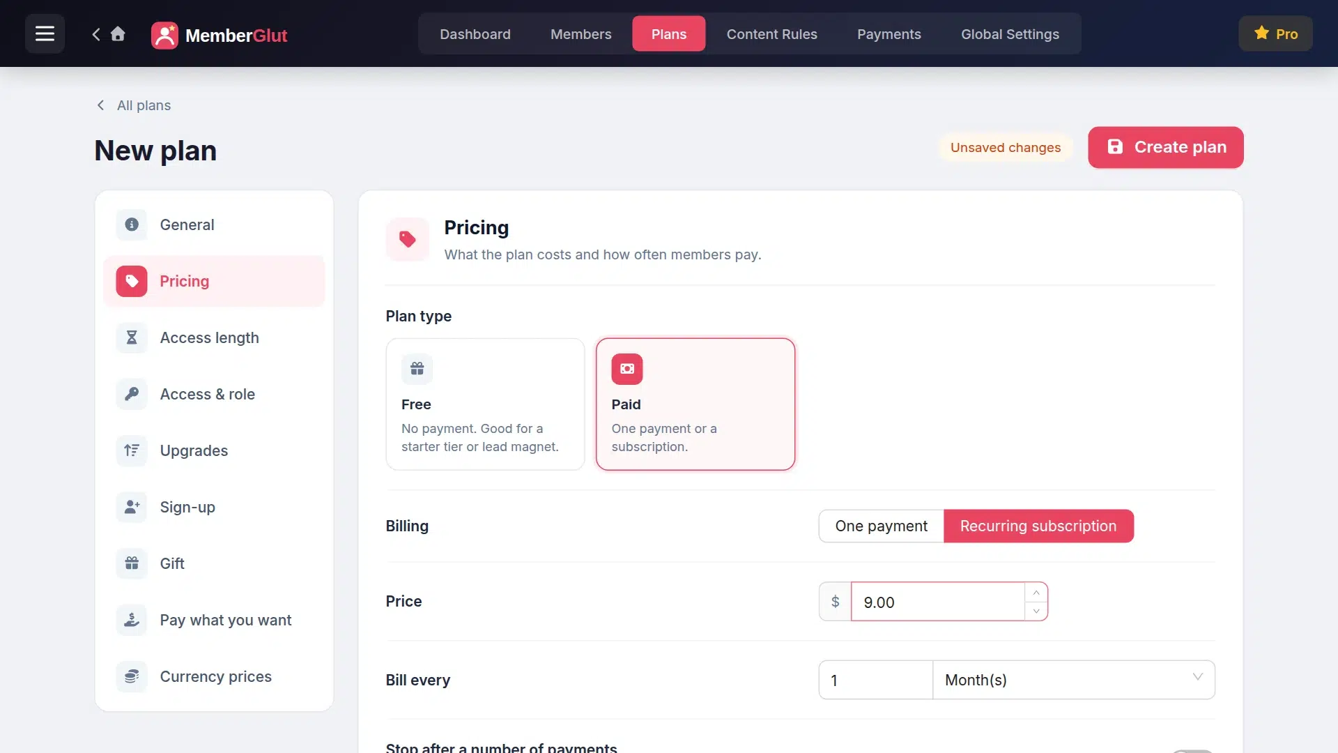 Plan Pricing tab with Paid, Recurring subscription and a price of 9.00 per month