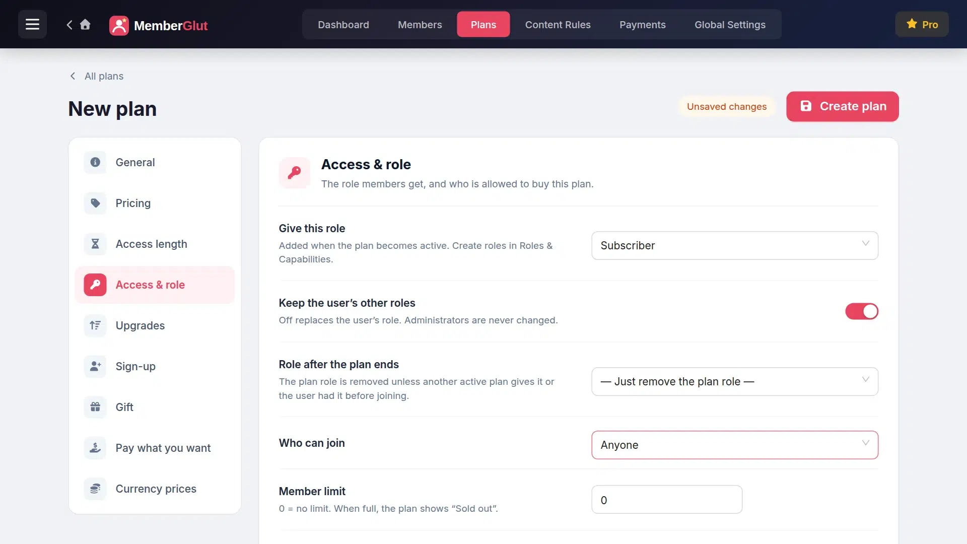 Plan Access and role tab with role, who can join and member limit