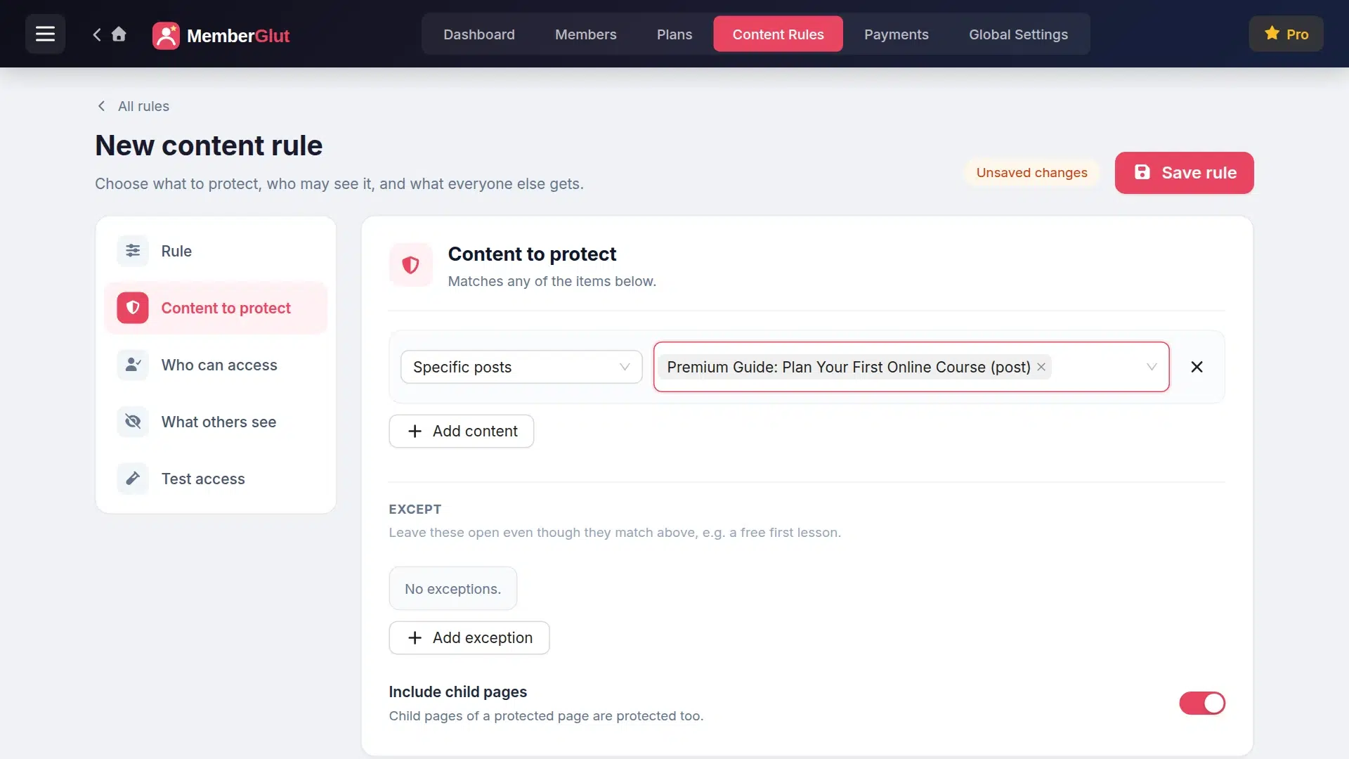 Content to protect tab with Specific posts and a selected post
