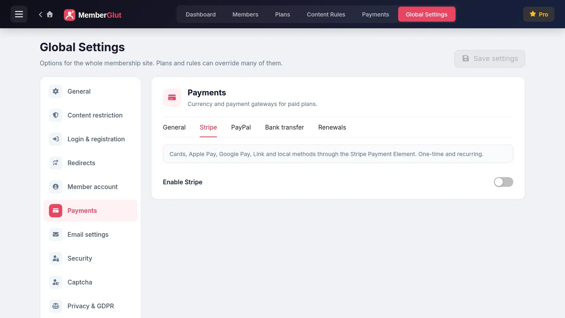 MemberGlut payment settings with Stripe, PayPal and Bank transfer tabs