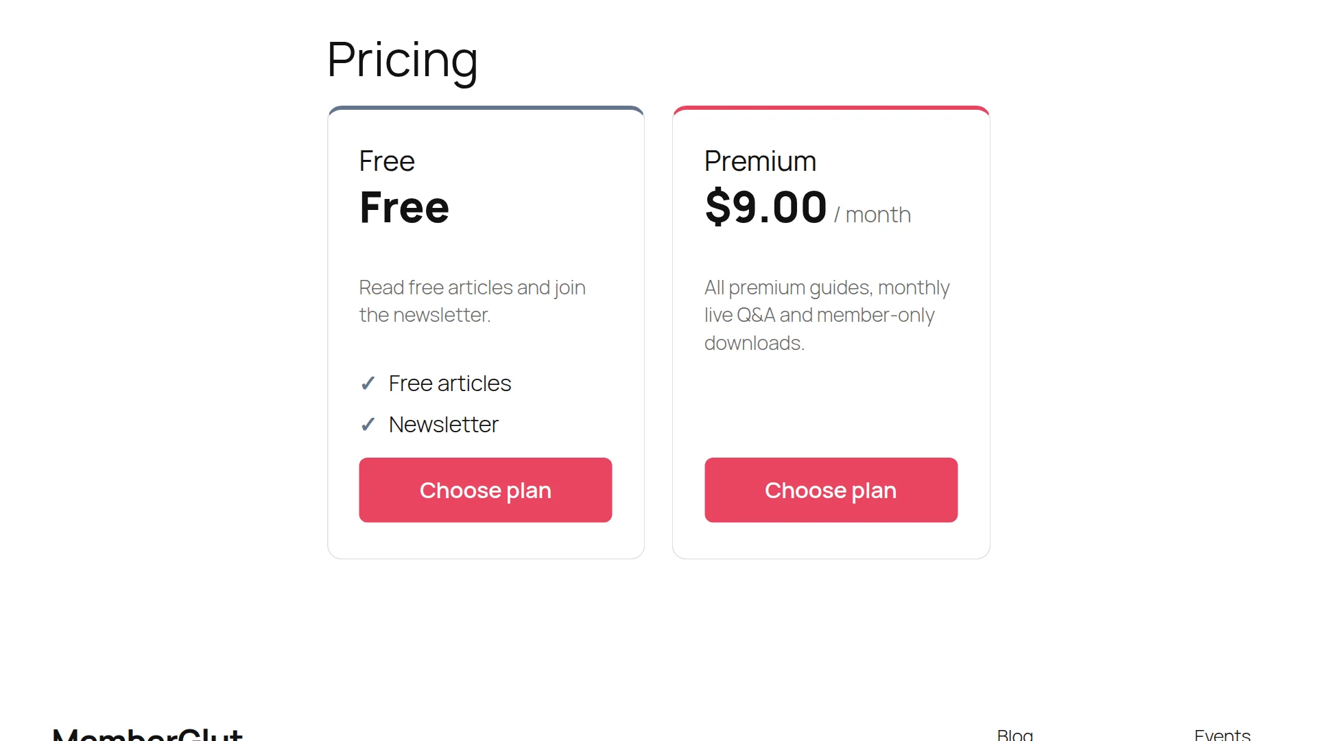 Front-end pricing table with the Free plan and the Premium plan at 9 dollars a month
