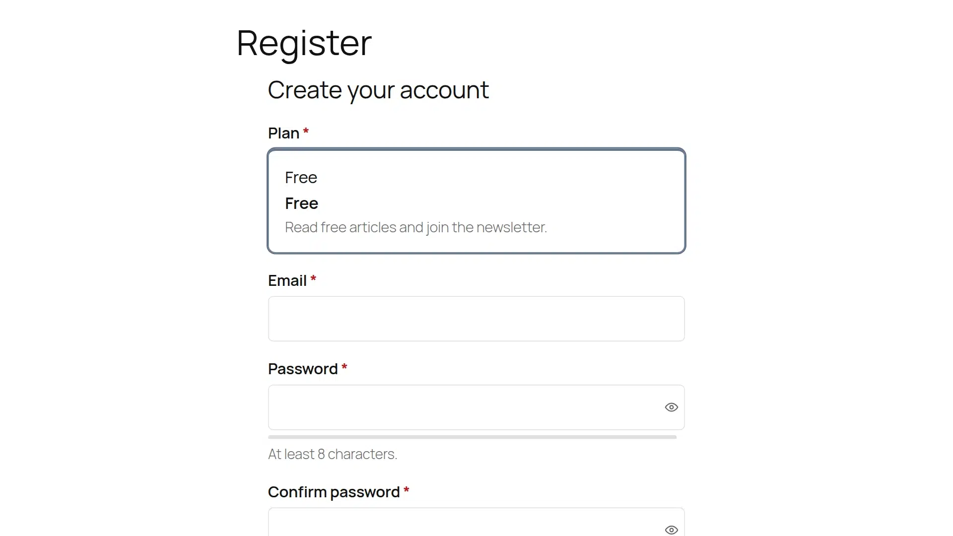 MemberGlut registration form with plan, email and password fields